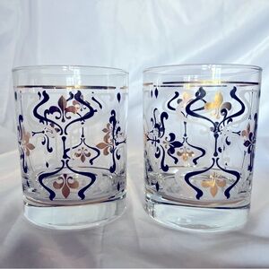 🥃 2 Lowball Rocks Old Fashioned Glasses Black Gold Fleur-de-lis vintage EUC MCM